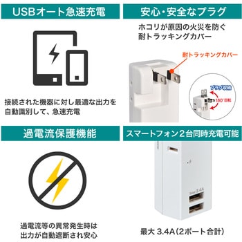 耐雷USBタップ 収納プラグ  急速充電 2個口 2ポート コードなし ELPA
