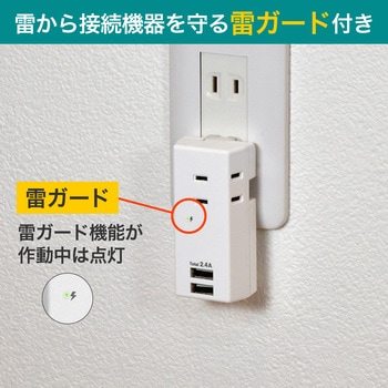 耐雷USBタップ 収納プラグ  急速充電 2個口 2ポート コードなし ELPA