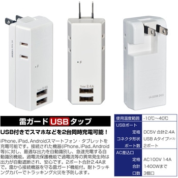 耐雷USBタップ 収納プラグ  急速充電 2個口 2ポート コードなし ELPA