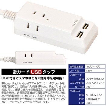 WL-2215SU 耐雷USBコード付きタップ 急速充電 3個口 2ポート 1個 ELPA