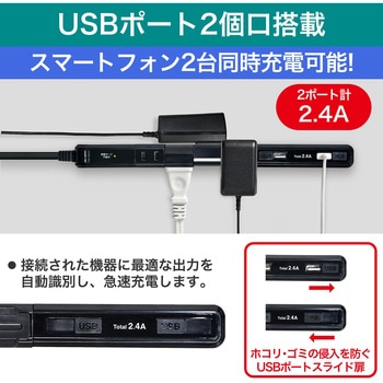 コンセントを無駄なく差せるスリム回転USBタップ  急速充電 4個口 2ポート ELPA
