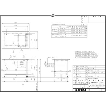 軽量高さ調整作業台(TKK8/200kg/抗菌・抗ウイルスポリエステル天板/H800～1000/引出2段付) サカエ