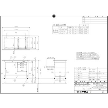 軽量高さ調整作業台(TKK8/200kg/抗菌・抗ウイルスポリエステル天板/H800～1000/引出3段付) サカエ