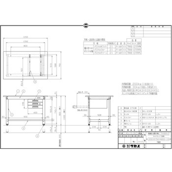 軽量高さ調整作業台(TKK8/200kg/抗菌・抗ウイルスポリエステル天板/H800～1000/引出3段付) サカエ