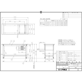 軽量高さ調整作業台(TKK8/200kg/抗菌・抗ウイルスポリエステル天板/H800～1000/引出3段付) サカエ