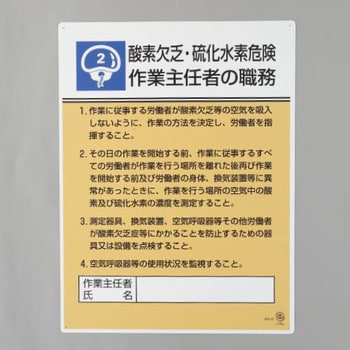 EA983BX-2 職務表示板(酸素欠乏・硫化水素～ 1枚 エスコ 【通販