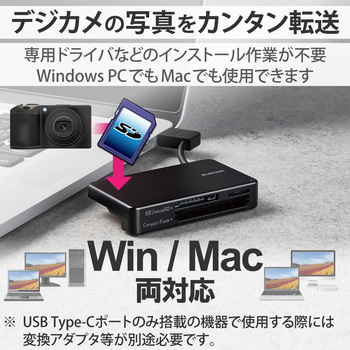 カードリーダー USB2.0 ケーブル収納タイプ Windows11 Mac エレコム