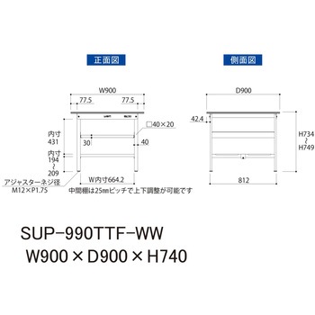 軽量作業台/耐荷重150kg_中間棚付固定式H740_全面棚板付_ワークテーブル150シリーズ 山金工業