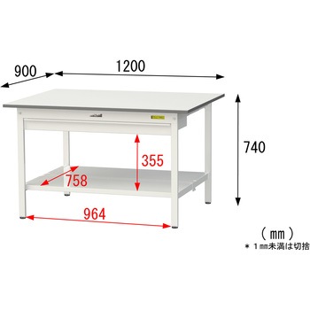 軽量作業台/耐荷重150kg_ワイド引き出し付き固定式_全面棚付_ワークテーブル150シリーズ_低圧メラミン天板 山金工業