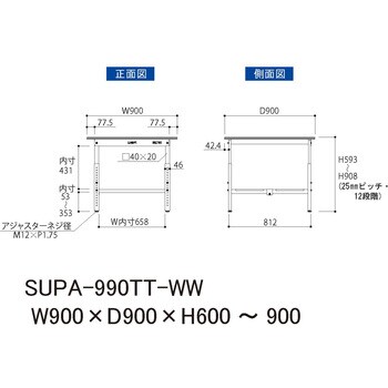 ワークテーブル150シリーズ高さ調整タイプH600～H900(全面棚板付き) 山