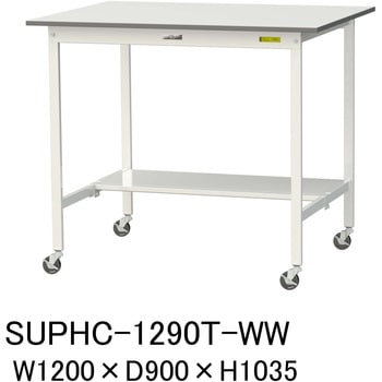 軽量作業台/耐荷重128kg_移動式_半面棚付_ワークテーブル150シリーズ_低圧メラミン天板 山金工業