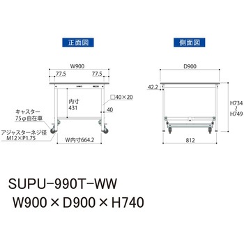 軽量作業台/耐荷重150kg_ワンタッチ移動H740_半面棚板付_ワークテーブル150シリーズ 山金工業