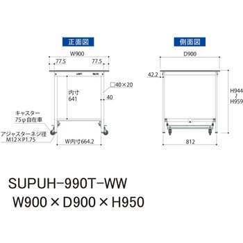 軽量作業台/耐荷重150kg_ワンタッチ移動式_半面棚付_ワークテーブル150シリーズ_低圧メラミン天板 山金工業