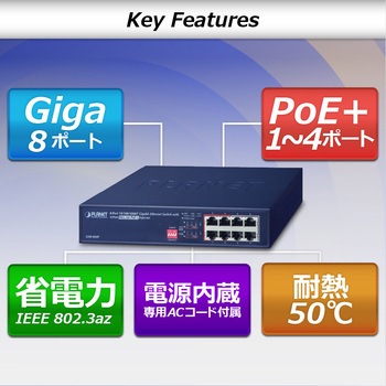 PoEスイッチングハブ ギガビット 電源内蔵 メタル筐体 専用ACコード付 PLANET Technology