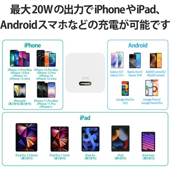 スマホ充電器 AC充電器 タイプC×1ポート PD 20W 小型 軽量 USBコンセント iPhone エレコム