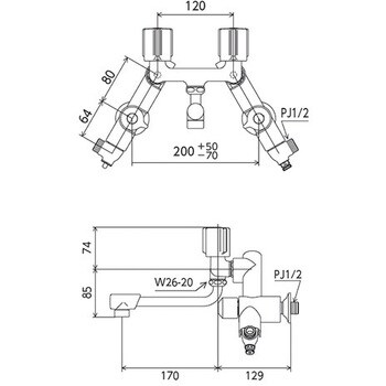 KM13N2SL ソーラー2ハンドル混合栓併用型 KVK 浴室用 吐水口長さ170mm