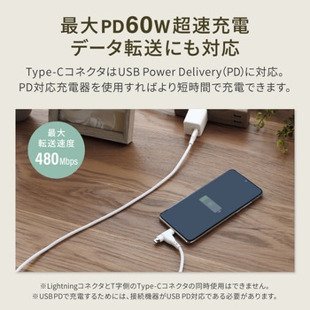 PD60W充電/データ転送対応 超柔らかな2 in 1タイプ Type-C to Type-C/Lightning ケーブル OWLTECH(オウルテック)