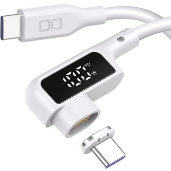 ディスプレイ表示付き L字型マグネットシリコンケーブル CtoC 100W 2m ホワイト CIO