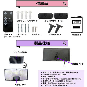146LEDソーラーパネルセンサーライト センター商事