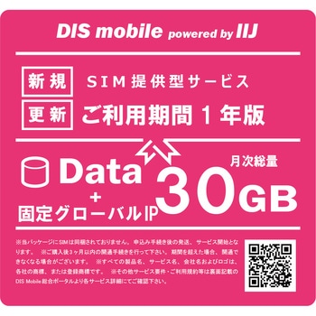 DIS mobile powered by IIJ 年間パック Data 30GB 1年 固定グローバルIPオプション付き/SIM/SIMフリー/通信/docomo系回線 DIS mobile