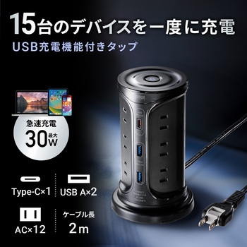 電源タップ_PD30W充電機能付き_タワー型 サンワサプライ