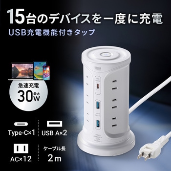 電源タップ_PD30W充電機能付き_タワー型 サンワサプライ