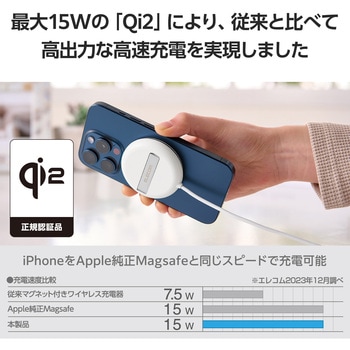 ワイヤレス充電器 Qi認証 Qi2対応 15W/7.5W/5W マグネット式 卓上 スタンド 2Way ケーブル一体 1m エレコム