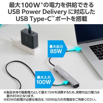 USB TypeC ドッキングステーション ハブ 6-in-1 PD 85W出力 急速充電 USB-C×2 USB-A×2 HDMI×1 RJ45×1 エレコム