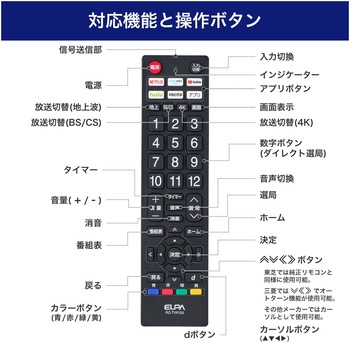 抗菌アプリボタンテレビリモコン 主要メーカー25社対応 オートサーチ機能でメーカー簡単設定 ELPA