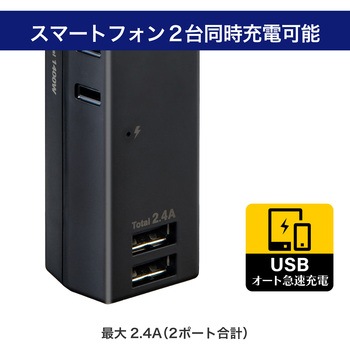 耐雷USBタップ2個口2ポート2．4A 急速充電 雷ガード付 過電流保護機能 収納プラグ ELPA