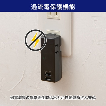 耐雷USBタップ2個口2ポート2．4A 急速充電 雷ガード付 過電流保護機能 収納プラグ ELPA