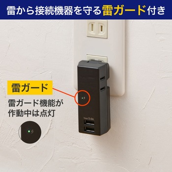 耐雷USBタップ2個口2ポート3．4A 急速充電 雷ガード付 過電流保護機能 収納プラグ ELPA