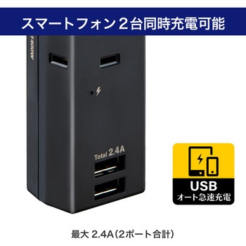 耐雷USBタップ3個口2ポート2．4A 急速充電 雷ガード付 過電流保護機能 収納プラグ ELPA