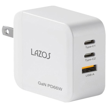 AC充電器 3口 66W USB-A×1 C×2 PD対応 窒化ガリウム ホワイト 1ケース 6個入 - Lazos