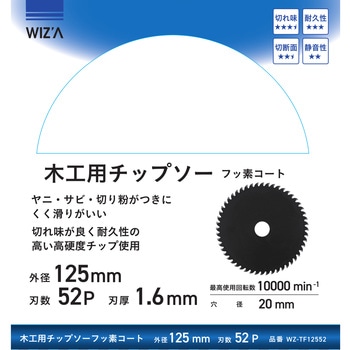 木工用チップソー フッ素コート 外径125mm 刃数52P 刃厚1．6mm WIZ'A