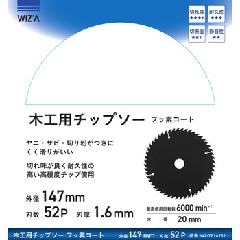 木工用チップソー フッ素コート 外径147mm 刃数52P 刃厚1．6mm - WIZ'A