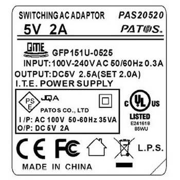 スイッチングACアダプター 5V/2A パトス