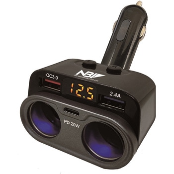 MAX50W 2連ダイレクトソケット USB Aポート(QC3.0 MAX18W)+Aポート(2.4A)+Cポート(PD MAX20W) 電圧監視モニター付き 12V/24V共用 JB(日本ボデーパーツ工業)