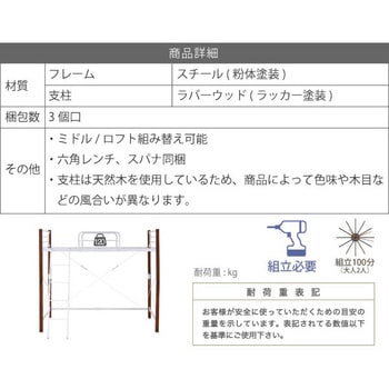 ロフトベッド 天然木 ロフトタイプ 転落防止手すりガード付 ミドルタイプへ高さ調節可 ジェイケイ・プラン