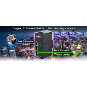 産業用PoEスイッチングハブ 100BASE-TX 4ポート SFP 1ポート af/at PLANET Technology