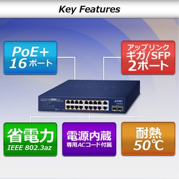 PoEスイッチングハブ ギガビット SFP2ポート 電源内蔵 専用ACコード付 PLANET Technology