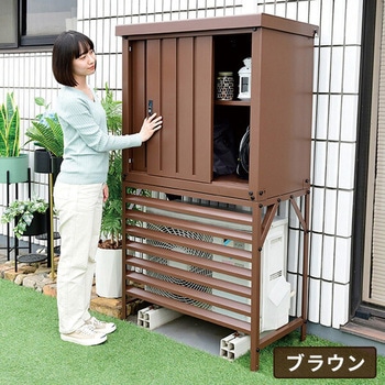 配達可　室外機　カバー　美品　三重　鍵付き　物置　野外収納　マンション　アパート DSSB-098(BK)+TSC-98(BK) 物置 室外機カバー 収納庫 屋外 YAMAZEN(山善