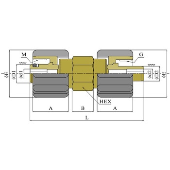 M22ネジ式(Φ14用)xG1/2ネジ式(Φ11用)変換ローレットカプラ ツツミ工業