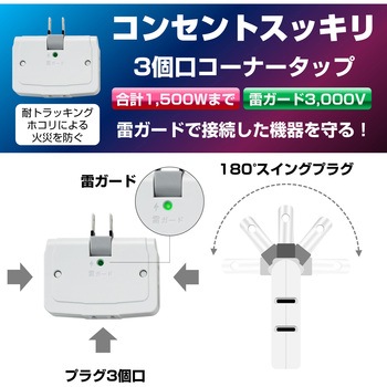 コーナータップ ホワイト 直挿し 3個口 スイッチ無し 耐雷サージ ユリア樹脂 ELPA
