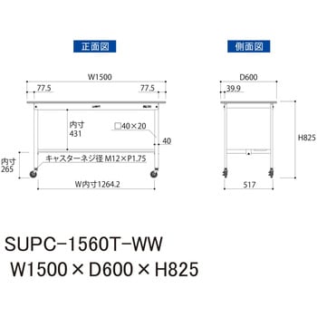 軽量作業台/耐荷重128kg_移動式H825_半面棚板付_ワークテーブル150シリーズ 山金工業