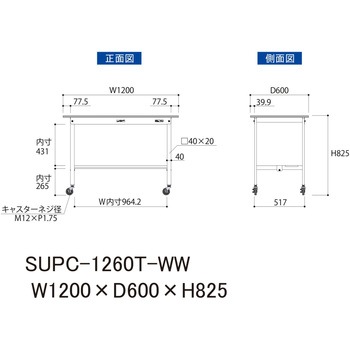 軽量作業台/耐荷重128kg_移動式H825_半面棚板付_ワークテーブル150シリーズ 山金工業