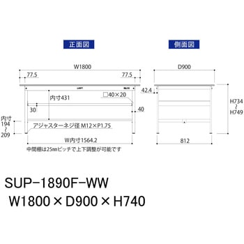 軽量作業台/耐荷重150kg_中間棚付固定式H740_ワークテーブル150シリーズ 山金工業
