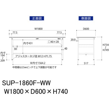 軽量作業台/耐荷重150kg_中間棚付固定式H740_ワークテーブル150シリーズ 山金工業