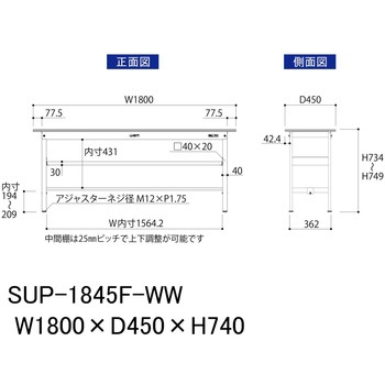 軽量作業台/耐荷重150kg_中間棚付固定式H740_ワークテーブル150シリーズ 山金工業
