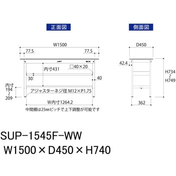 軽量作業台/耐荷重150kg_中間棚付固定式H740_ワークテーブル150シリーズ 山金工業